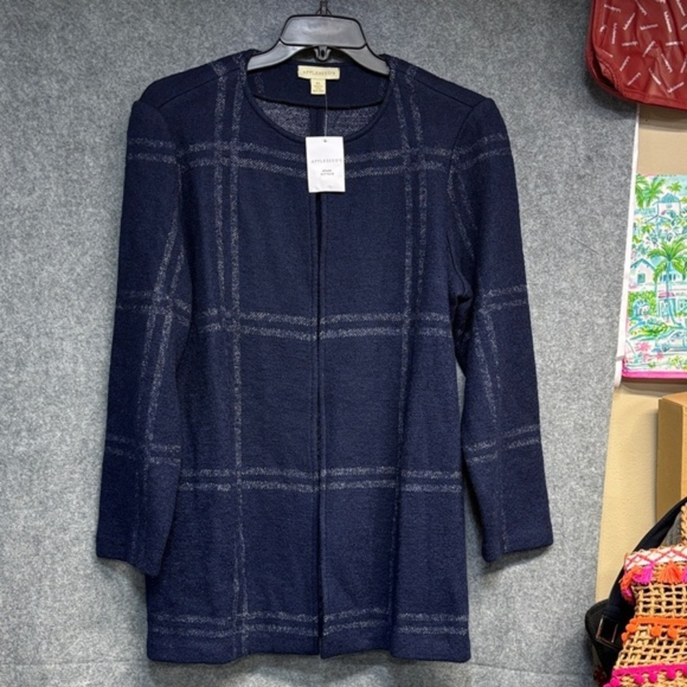 Appleseed's wool Blue and white plaid Knit 3 hook cozy Cardigan coat XL